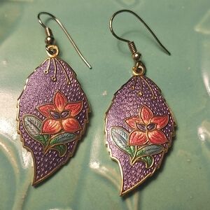 Cloisonne Flower Pierced Earrings Dangle Leaf Goldtone Pink Purple Green Floral